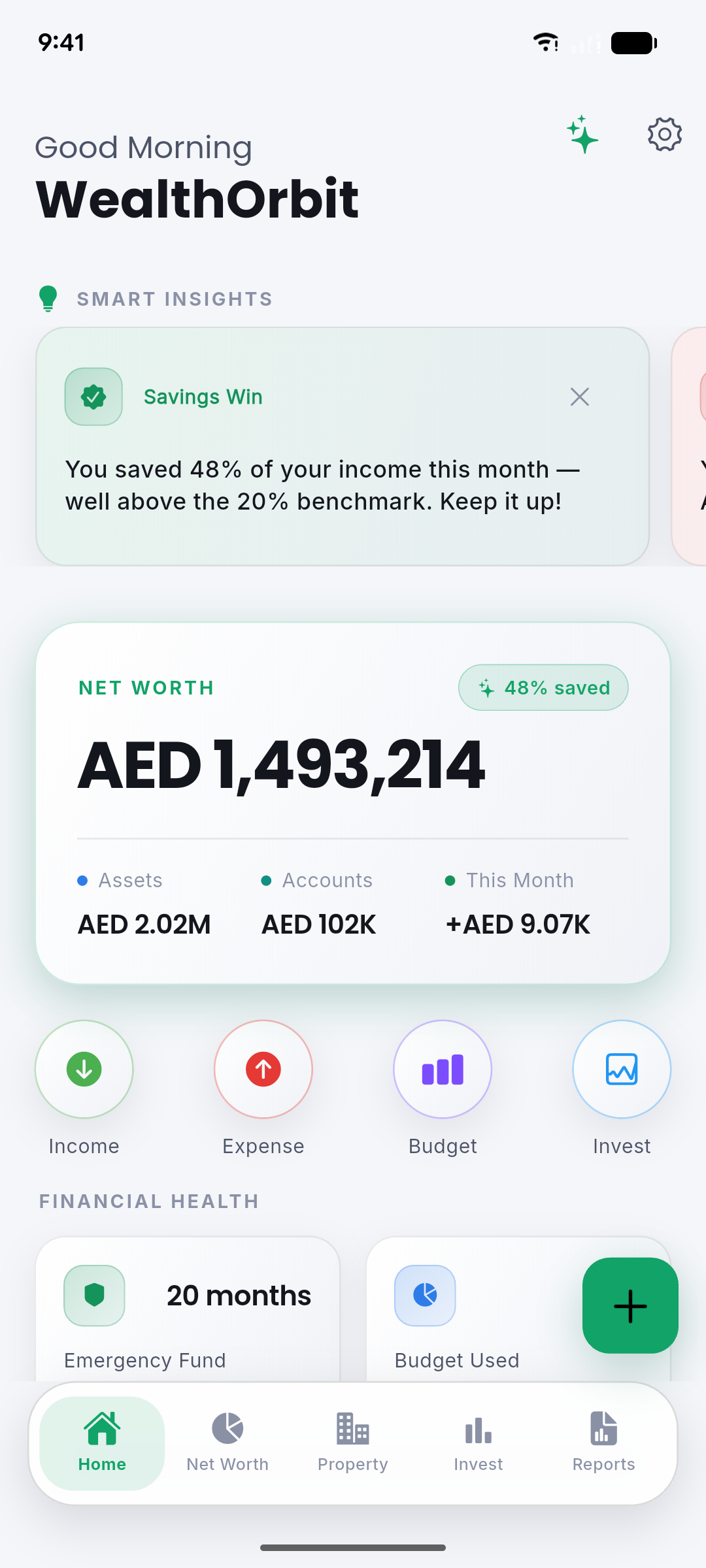 WealthOrbit home dashboard showing total net worth, smart insights and account balances