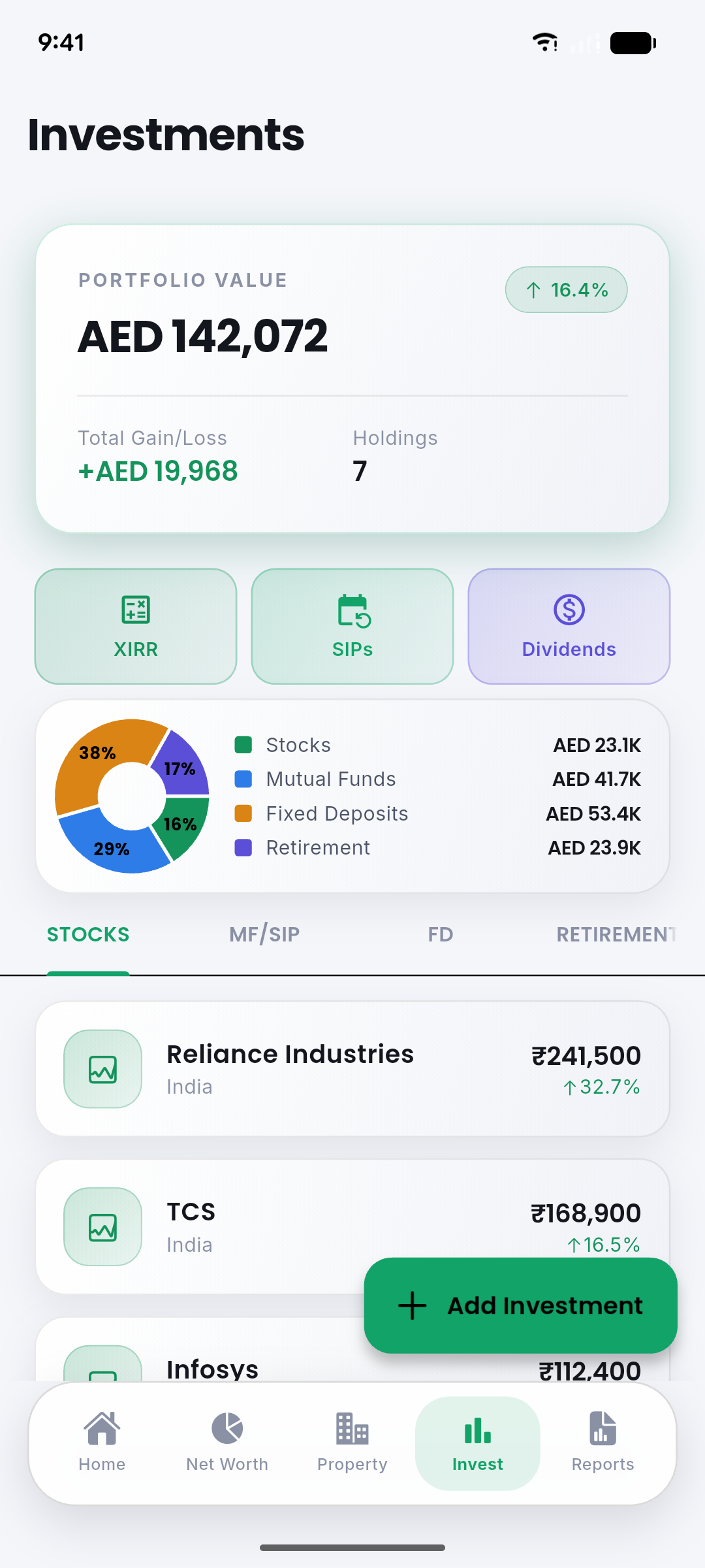 Investments screen with portfolio value, allocation and holdings