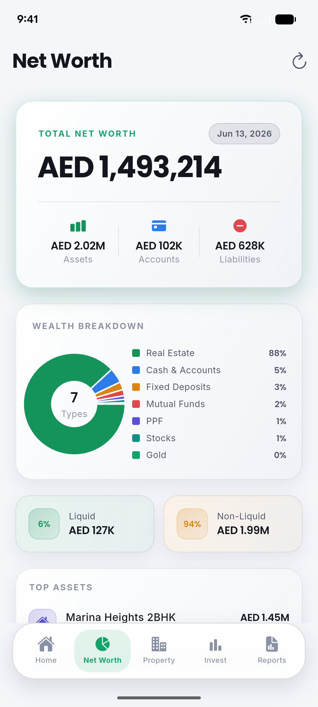 Net worth screen with wealth breakdown donut and liquid versus non-liquid split