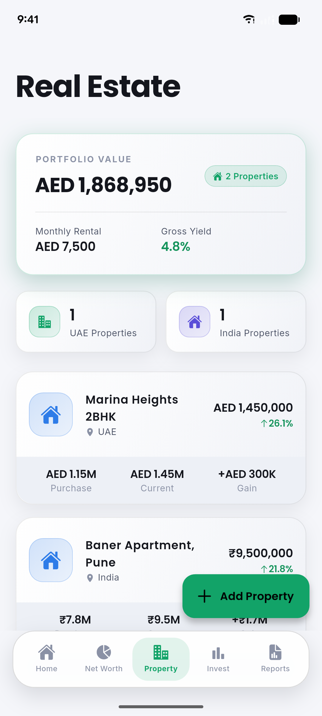 Real estate portfolio screen with rental yield and per-property profit and loss