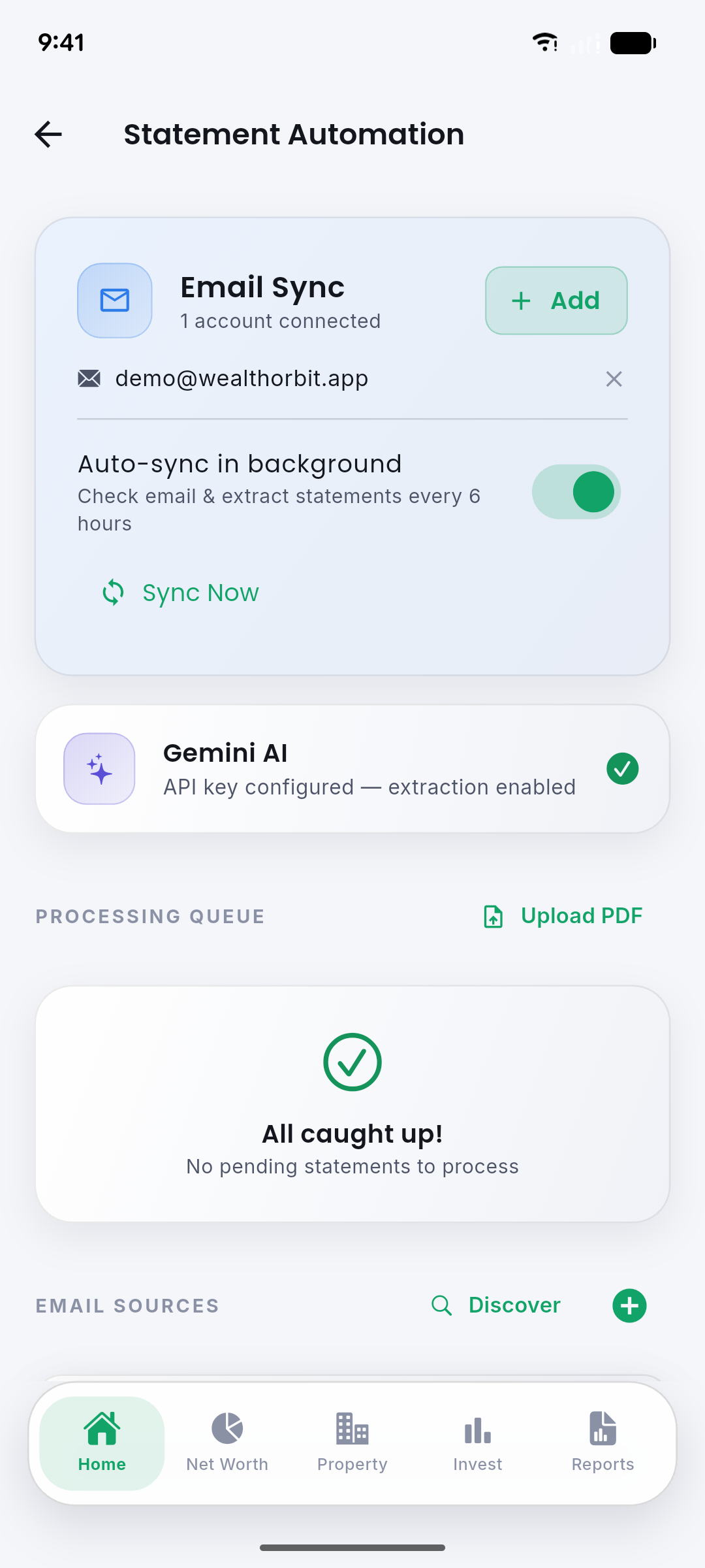 Email sync and AI settings screen with statement automation