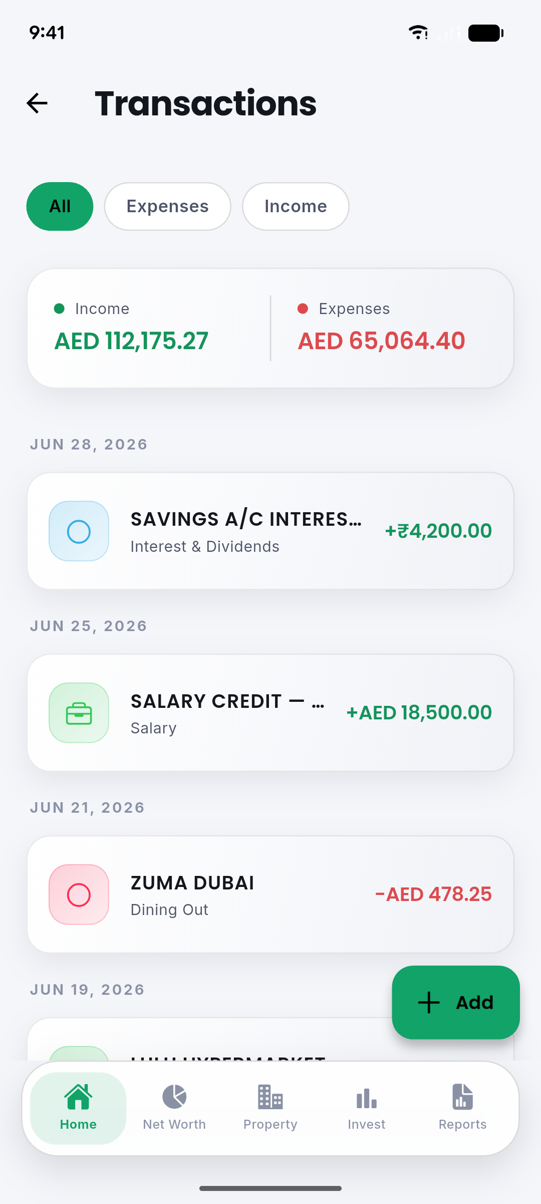 Transactions screen with automatically categorized income and expenses